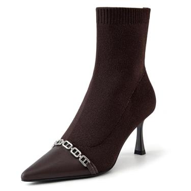 Imagem de NEWBELLA COSY Botas femininas de bico fino no tornozelo – Botas de salto agulha de 7,6 cm com detalhes em corrente, botas sem cadarço para trabalho, escritório, outono e inverno, Café, 42
