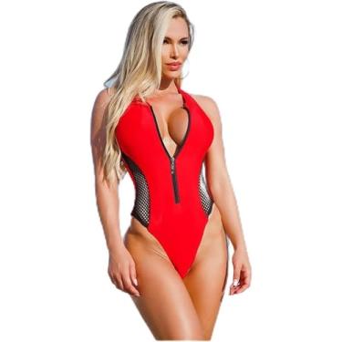 Imagem de Maiô Feminino Com Zíper De Uma Peça Sexy De Alta Emagrecimento De Malha Patchwork Maiô Praia, Red, XL
