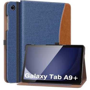 Imagem de MoKo Capa para Samsung Galaxy Tab A9 Plus 11 polegadas 2023 (SM-X210/SM-X216/SM-X218), capa de couro PU com suporte dobrável com alça de mão, bolso frontal, despertar/hibernar automático, azul jeans e marrom