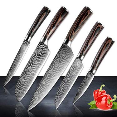 Imagem de Conjunto de facas Damascus Chef Profissional Japonês Alto Carbono Lâmina 7Cr17mov Alça ergonômica confortável Woden Conjunto de 5 peças