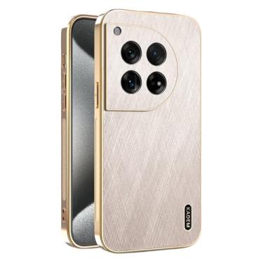 Imagem de Yarxiawin Capa de telefone para Oneplus 12R à prova de choque, textura de fio dourado para Oneplus 12R, capa preta galvanizada fina de couro anti-impressão digital (dourada)