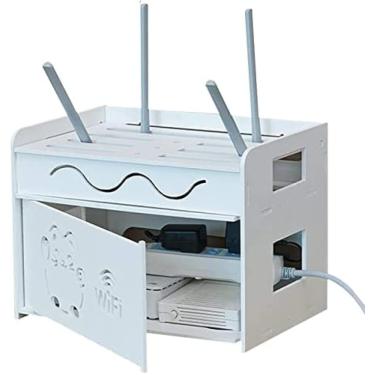 Imagem de Roteador Caixa Caixas De Cabo De Montagem Na Parede Tv Set Top Rack Cable Storage Caixa Armazenamento De Roteador Wifi Caixa Com Soquetes De Dissipação De Calor Seguro Madeira, White, 32.5*26.5*32.5cm