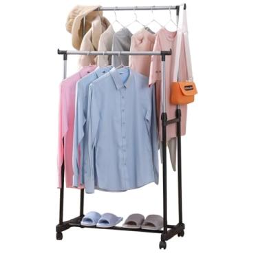 Imagem de Arara de Roupas Dupla com Rodízios 2 Níveis Cabideiro Móvel para Roupas e Sapatos Preto e Cinza Premium