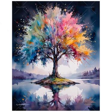 Imagem de Kit de pintura abstrata da natureza por números para adultos - DIY Color Splash Tree by Lake Painting em tela 40,6 x 50 cm, conjunto de tinta acrílica, adequado para iniciantes, arte para decoração de