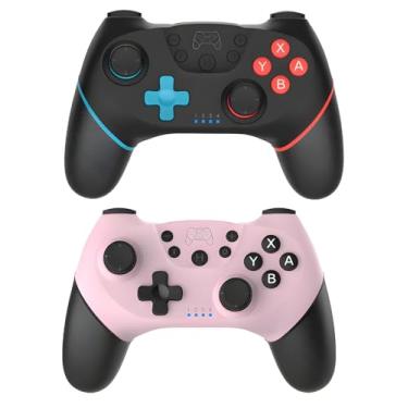 Imagem de ＲＵＥＩＵＲＩ Switch Controller 2 Pack, Wireless Gamepad for Switch/Switch Lite, Pink and Green, with Gyro Axis, Turbo and Adjustable Dual Shock (Pink+（Blue+Red）)