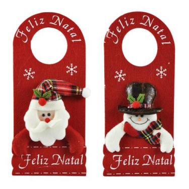 Imagem de Kit 2 Decora Maçaneta Feliz Natal Pelúcia Boneco de Neve e Papai Noel 