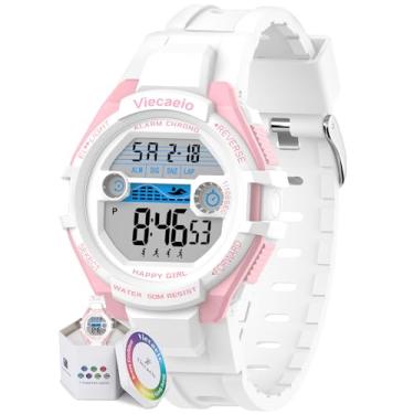 Imagem de Viecaeio Relógio digital infantil para meninos e meninas, à prova d'água, luzes coloridas, relógio esportivo adequado para adolescentes de 5 a 17 anos (com caixa de presente), Branco/Rosa, 1.57,