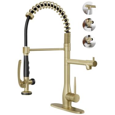 Imagem de BATHLAVISH Torneira de pia de cozinha comercial com pulverizador de puxar para baixo de alta pressão torneiras de cozinha de mola de aço inoxidável de 2 funções com placa de deck 2 linhas de