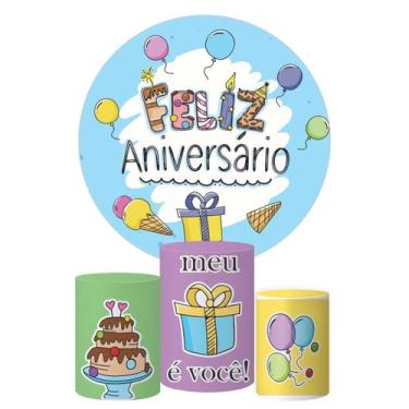 Imagem de Trio Capa Cilindro + Painel Redondo Feliz Aniversario Mod 02 - Decoran