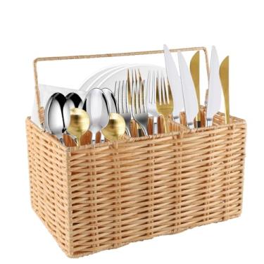 Imagem de Organizador de talheres, organizador de utensílios de cozinha de vime tecido à mão com 4 compartimentos, suporte de talheres para acampamento de festa, cesto de condimentos, colher de talheres