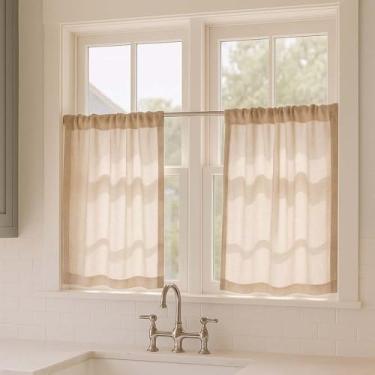 Imagem de AIRLAKE Conjunto de 2 cortinas de camada de mistura de linho, cortinas de café curtas creme, estilo rústico Boho Farmhouse, camada de tratamento para janelas pequenas (sobre pia, trailer), 66 x 76 cm