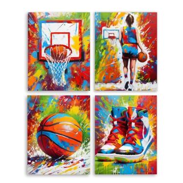 Imagem de Frimeeme Arte de parede de basquete, pôsteres de basquete para quarto de menina, arte de parede de graffiti para impressão de quarto de meninas - 4 peças 20 x 25 cm sem moldura
