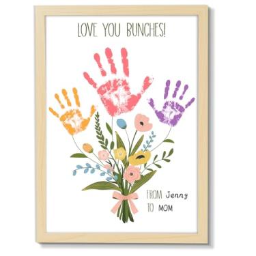 Imagem de Buquê de flores coloridas, impressão à mão, arte artesanal, kit faça você mesmo, presentes de dia das mães de filha ou filho, impressão de mão divertida em família, lembrança com moldura de madeira