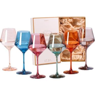 Imagem de Conjunto de taças de vinho coloridas de 170 a 496 g de cristal soprado à mão com haste longa e borda fina, conjunto de presente de casamento de taça de vinho multicolor para amantes de vinho tinto e
