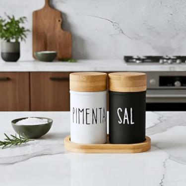 Imagem de Saleiro e Pimenteiro Base Vidro e Bambu Branco e Preto 90ml