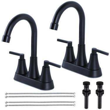 Imagem de SHACO Torneiras de banheiro pretas para pia 3 furos, 10 cm com ralo pop-up e 2 mangueiras de suprimento, torneira central de aço inoxidável com bico giratório 360 de 2 alças para Vanity RV, SC-MC-003B