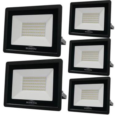 Imagem de Kit 5 Refletor De Led Slim 50w Prova Dágua Preto Bivolt 3000k Quente -