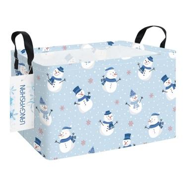 Imagem de LANGYASHAN Cesta retangular de armazenamento de boneco de neve de Natal com alças para organizar casa cozinha meninos e meninas brinquedos escritório armário prateleira cestas (boneco de neve de Natal