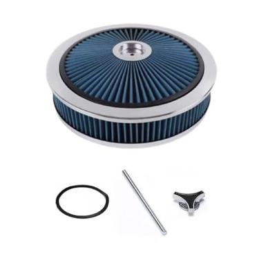 Imagem de Conjunto de filtro de filtro de ar lavável de alto fluxo redondo azul de 35,56 cm x 7,6 cm com tampa de fluxo cromado para tampa de caburetor compatível com Ford/GMC/Chevy SBC BBC