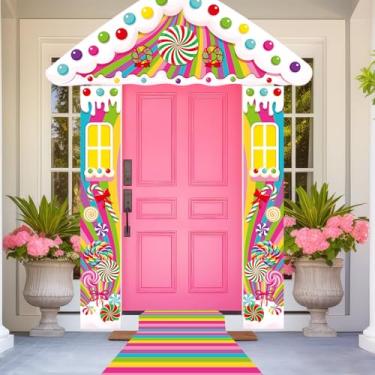 Imagem de Namalu 4 peças de decoração de porta de festa doce faixa de porta colorido corredor fundo pirulito placa de varanda para aniversário chá de bebê pano de fundo doce loja pano de fundo cabine de fotos