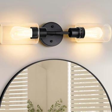 Imagem de Laiebri Arandela de parede preta, 2 luzes modernas arandelas de banheiro luminárias com soquetes E26 e persiana de vidro transparente, luzes de parede para banheiro, espelho, sala de estar, corredor