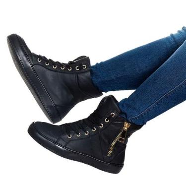 Imagem de Tênis Sneaker Feminino Couro Legítimo Cano Alto Zíper Lateral Academia