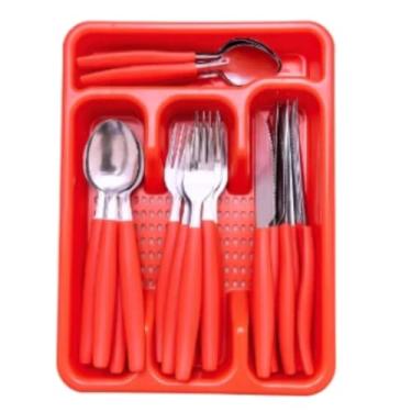 Imagem de Conjunto de Talheres com Organizador, 25 Peças, Suporte Plástico Vermelho e Preto, Garfos, Facas e Colheres em Aço Inox (Vermelho)