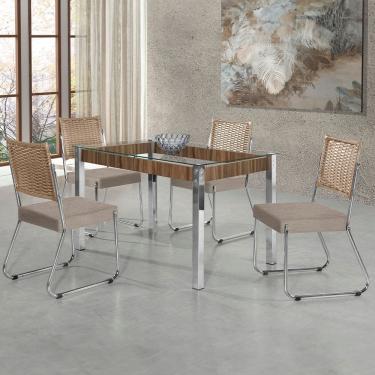 Imagem de Mesa De Jantar Aço Nobre Cláudia Com Tampo Kanon 4 Cadeiras Bege E Nogal