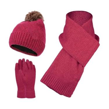 Imagem de Conjunto de gorro de lã de inverno para mulheres e homens, cachecol de lã engrossado, quente, de caxemira, gorros, cachecóis, luvas, vinho, tinto