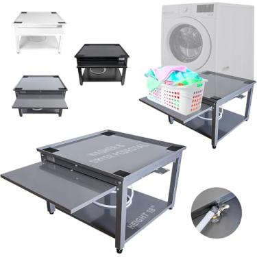Imagem de Pedestais para lavadora e secadora – Ajuste cinza de 73,7 cm, suporte de aço de 25,4 cm de altura para alívio das costas com prateleira removível, bandeja de drenagem e mangueira, capacidade de 362 kg