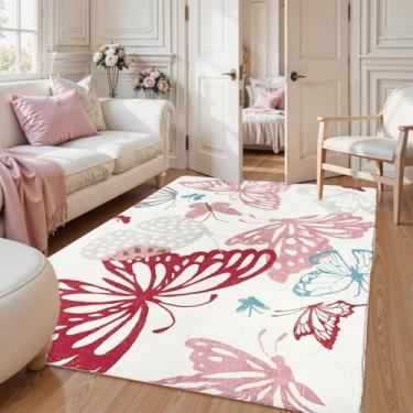 Imagem de USTIDE Tapete Infantil Borboleta Rosa 140 cm x 200 cm, Antiderrapante, Lavável, Desenho Animado, Quarto de Meninas