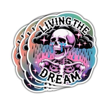 Imagem de 3 adesivos Living The Dream – Adesivo de vinil engraçado esqueleto chorando nuvem, estética de humor negro, adesivos góticos à prova d'água para laptop, garrafa de água, caderno, presente de skate