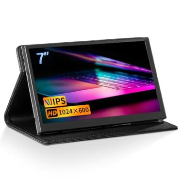 Imagem de CUQI Mini monitor de 7 polegadas, IPS 1024 × 600 HDMI monitor portátil com suporte de couro para Raspberry Pi 5/4, laptop, PC, Switch, Xbox, PS4