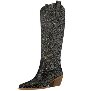 Imagem de Gothictor Botas femininas Sparkly Cowgirl, salto grosso, bico fino, cano alto, caubói ocidental, zíper lateral, festa de casamento, noite com glitter, sapatos sociais, Dourado, 37