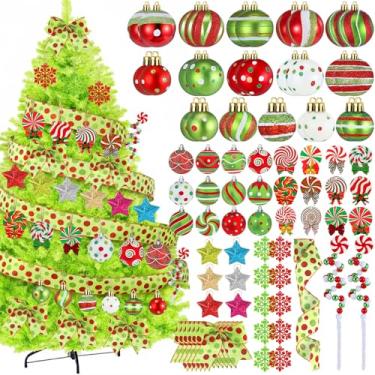 Imagem de Soulchen Conjunto de 91 peças de decoração de árvore de Natal inclui bola de Natal, fita de bolinhas, laços, doces de madeira, estrela, enfeites de floco de neve, decoração de pendurar vermelho e