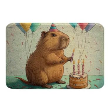 Imagem de Erosebridal Tapete de banheiro infantil fofo castor 50 x 81 cm, capacho de animais selvagens para adolescentes e adultos, tapete de banho de vida selvagem, bolo de feliz aniversário, vela, balão