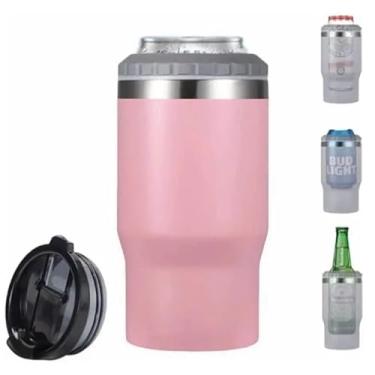 Imagem de Copo Térmico Porta Long Neck e Lata Inox 2 em 1 com Isolamento a Vácuo 420ml Parede Dupla (Rosa)