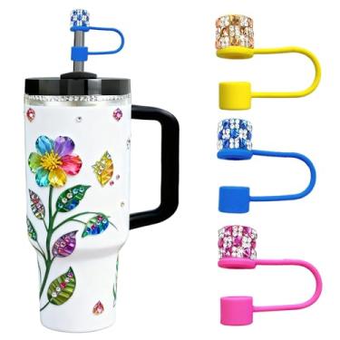 Imagem de JIASHEBDE Conjunto de 3 peças de diamante para acessórios Stanley Cup, capas de strass brilhantes para copos de 850 g 1,134 g, tampas reutilizáveis à prova de poeira, presentes femininos (cor D)