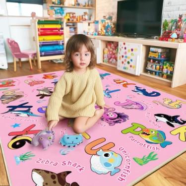Imagem de Bolacrom Tapete infantil para sala de jogos, 1,7 x 1,8 m, tapete educativo para aprender o alfabeto ABC, macio, lavável à máquina, antiderrapante, fofo, tapete de organismos marinhos para sala de aula