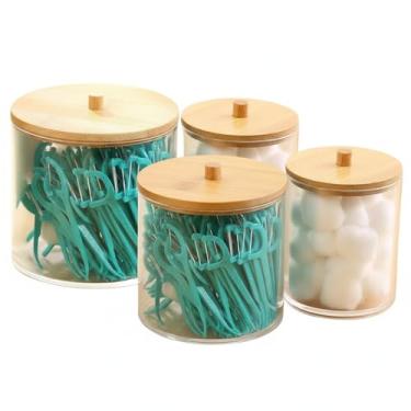 Imagem de Porta Cotonete Acrílico com Tampa Bambu Alta Durabilidade, Vedação e Armazenamento Eficiente (Kit 4 Sortido (2 P + 2 M))