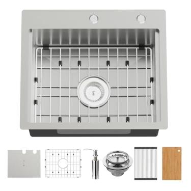 Imagem de Pia de cozinha de 53 x 45 cm com tampa de poeira - tigela única de aço inoxidável com borda embutida na parte superior da pia da estação de trabalho cobrindo totalmente a pia para manter a limpeza do