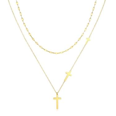 Imagem de sagrence Colar de cruz em camadas para mulheres – Gargantilha de corrente delicada de camada dupla banhada a ouro 18K com pingentes de cruz, joia de fé cristã presente