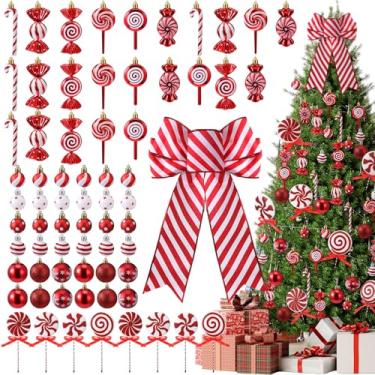 Imagem de Soulchen Conjunto de 69 peças de decoração de árvore de Natal de bengala doce, enfeites de pirulito, bolas de plástico em spray, fita de laço listrado de hortelã-pimenta para decoração de árvore de