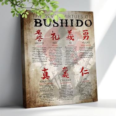 Imagem de Bawpkn Arte de parede Samurai Japonês 7 Virtues of Bushido Pictures Decoração de parede Motivational Warrior Musashi Poster Pintura em tela Rustin Arte para quarto sala de estar escritório 30,5 x 40,6