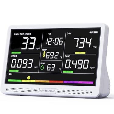 Imagem de AQItech Monitor profissional de qualidade do ar interno com 7 alarmes de bipe AQI, detector portátil 16 em 1 em tempo real para PM2.5 | PM10 | CO2 | TVOC | HCHO | Temp | Zumbido para carros domésticos
