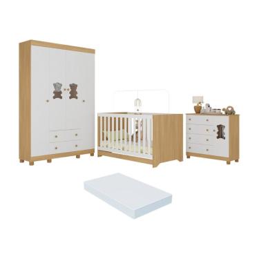 Imagem de Quarto De Bebê Completo Berço Americano 3 Em 1 Colchão Fofura Multimóveis MP4661 Madeirado-branco