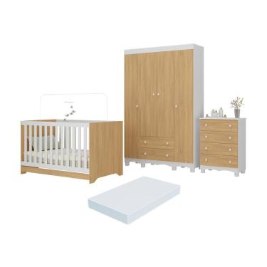 Imagem de Quarto De Bebê Completo Berço Americano 3 Em 1 Colchão Dengo Multimóveis MP4604 Branco-madeirado