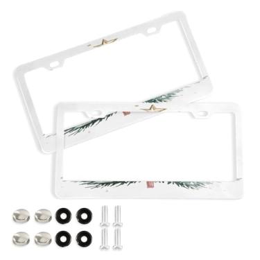 Imagem de Wassud Moldura decorativa de alumínio para placa de carro de árvore de Natal Snowy, 2 unidades, suporte universal para placa de carro para carros padrão dos EUA