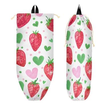 Imagem de xigua Suporte de parede para saco plástico Red Strawberries com cordão, 1 pacote, reutilizável para decoração organizadora de sacolas de compras, meias, roupas íntimas e gravatas