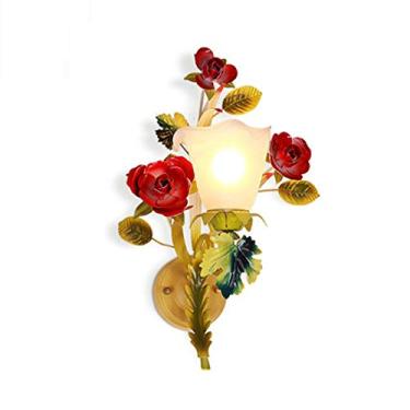 Imagem de Arandela de parede Pastoral Rosa Vermelha com Cúpula de Vidro Floral, Luminária de Cabeceira em Ferro para Quarto, Sala de Estar, Corredor e Varanda, 1 Lâmpada